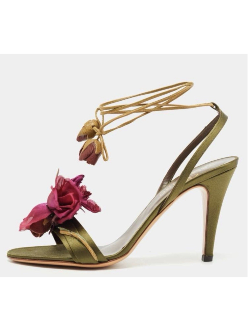 Valentino Olive Green Satin Floral Applique Ankle Tie Sandals size 37